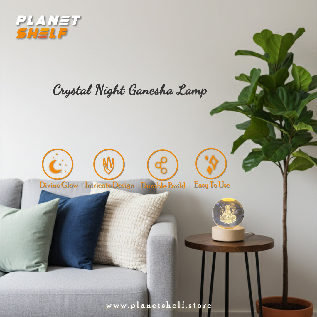 3D Lord Ganesh Ji Crystal Ball Night Light – LED Glass Sphere Lamp with Wooden Base for Home & Office Decor