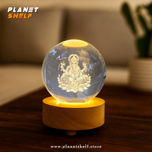 3D Lord Ganesh Ji Crystal Ball Night Light – LED Glass Sphere Lamp with Wooden Base for Home & Office Decor