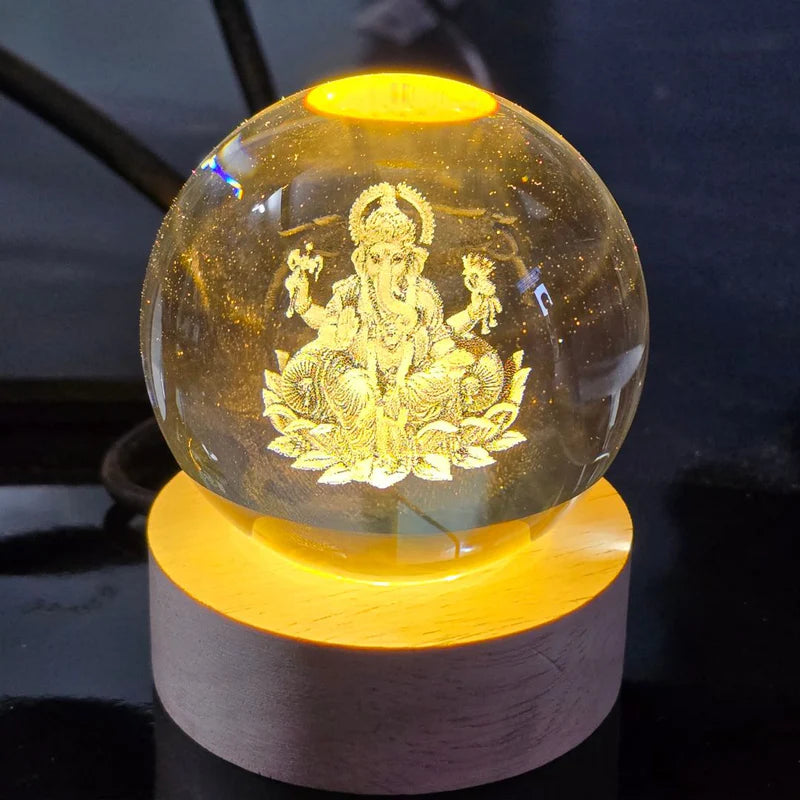 3D Lord Ganesh Ji Crystal Ball Night Light – LED Glass Sphere Lamp with Wooden Base for Home & Office Decor