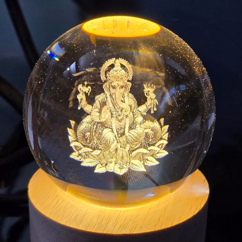 3D Lord Ganesh Ji Crystal Ball Night Light – LED Glass Sphere Lamp with Wooden Base for Home & Office Decor