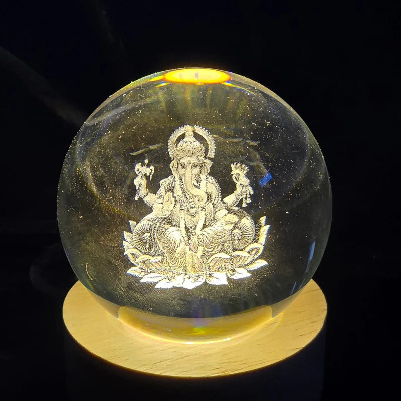 3D Lord Ganesh Ji Crystal Ball Night Light – LED Glass Sphere Lamp with Wooden Base for Home & Office Decor