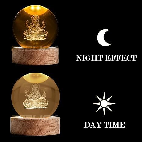 3D Lord Ganesh Ji Crystal Ball Night Light – LED Glass Sphere Lamp with Wooden Base for Home & Office Decor