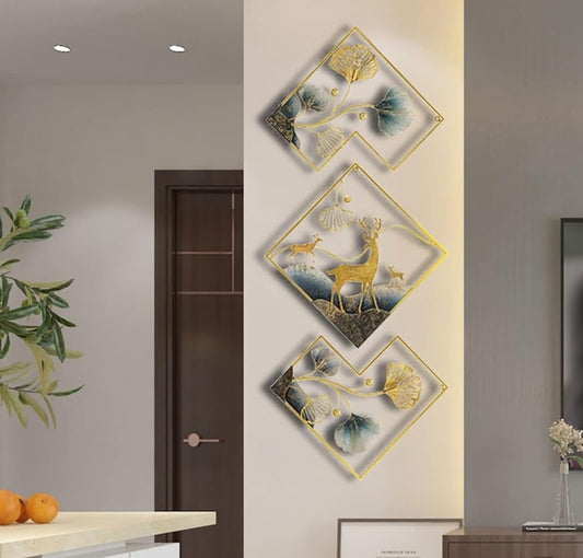 The Crafterz | Handcrafted Metal Abstract Deer Wall Art – Set of 3 Multicolor Sculptures