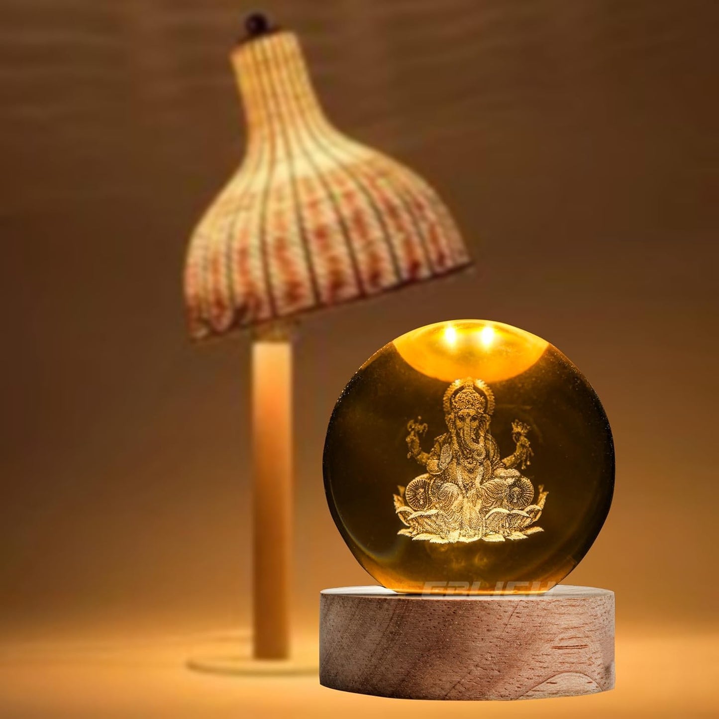 3D Lord Ganesh Ji Crystal Ball Night Light – LED Glass Sphere Lamp with Wooden Base for Home & Office Decor