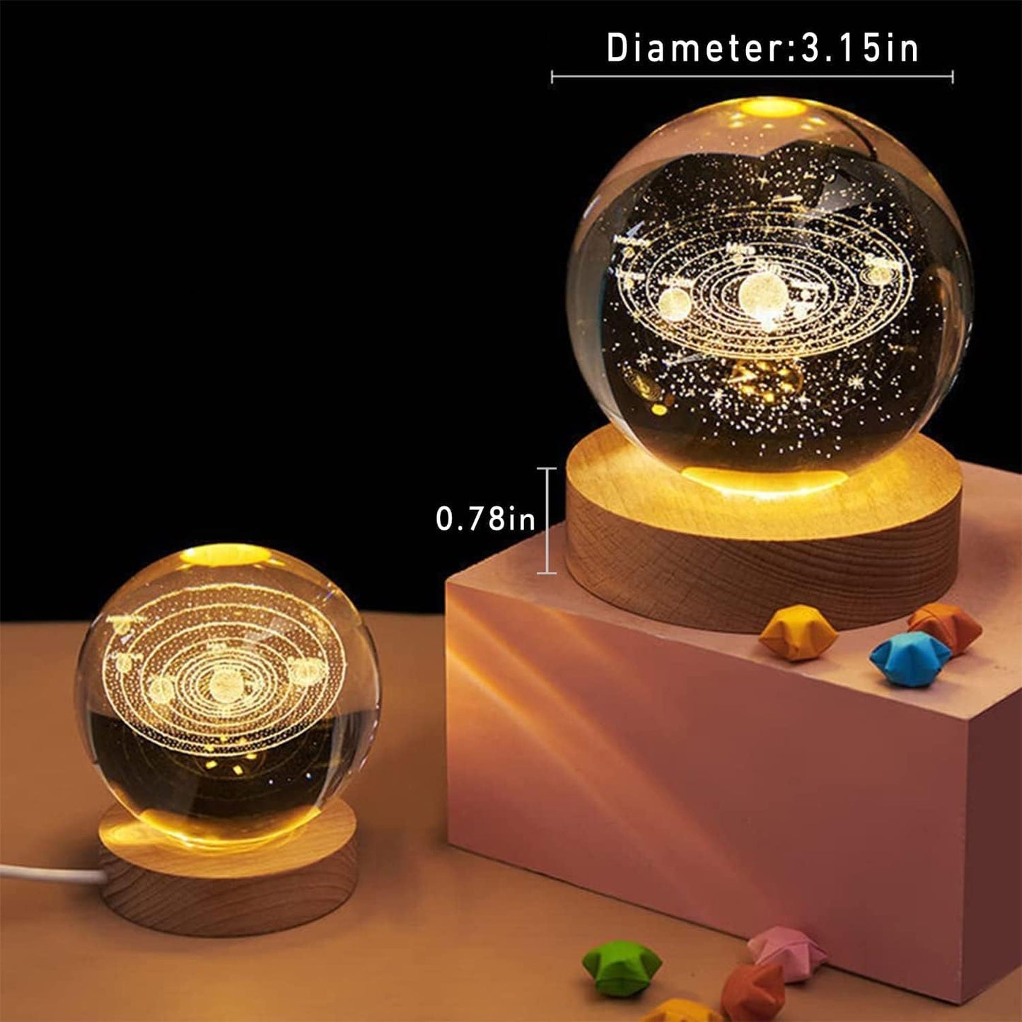 3D Galaxy Crystal Ball Night Light – Dimmable LED Lamp with Wooden Base (Planet Design)