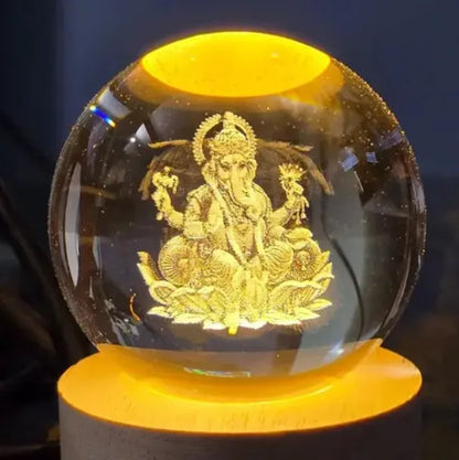 3D Lord Ganesh Ji Crystal Ball Night Light – LED Glass Sphere Lamp with Wooden Base for Home & Office Decor